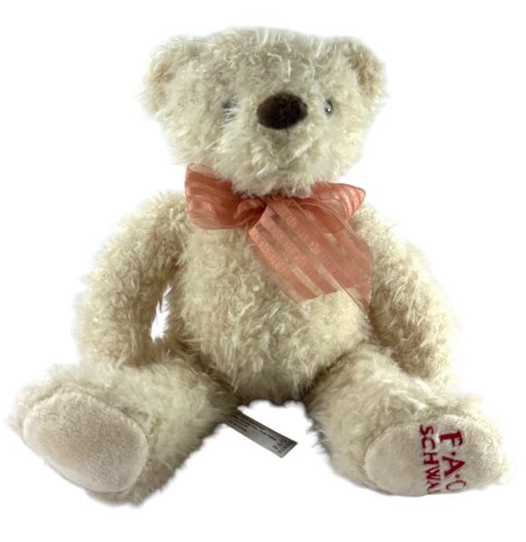 FAO Schwarz Other - FAO Schwarz 9” Cream Teddy Bear Plush Pink Ribbon Embroidered Foot